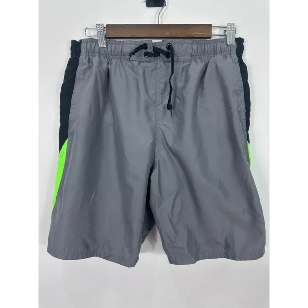 Nike Swim Trunks Mens Medium Gray Black Neon Green Colorblock Board Shorts Beach